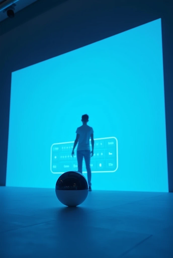 A 3D projection that originates from a small ball that generates a large blue screen in front of the user, also providing a keyboard to respond to social networks.