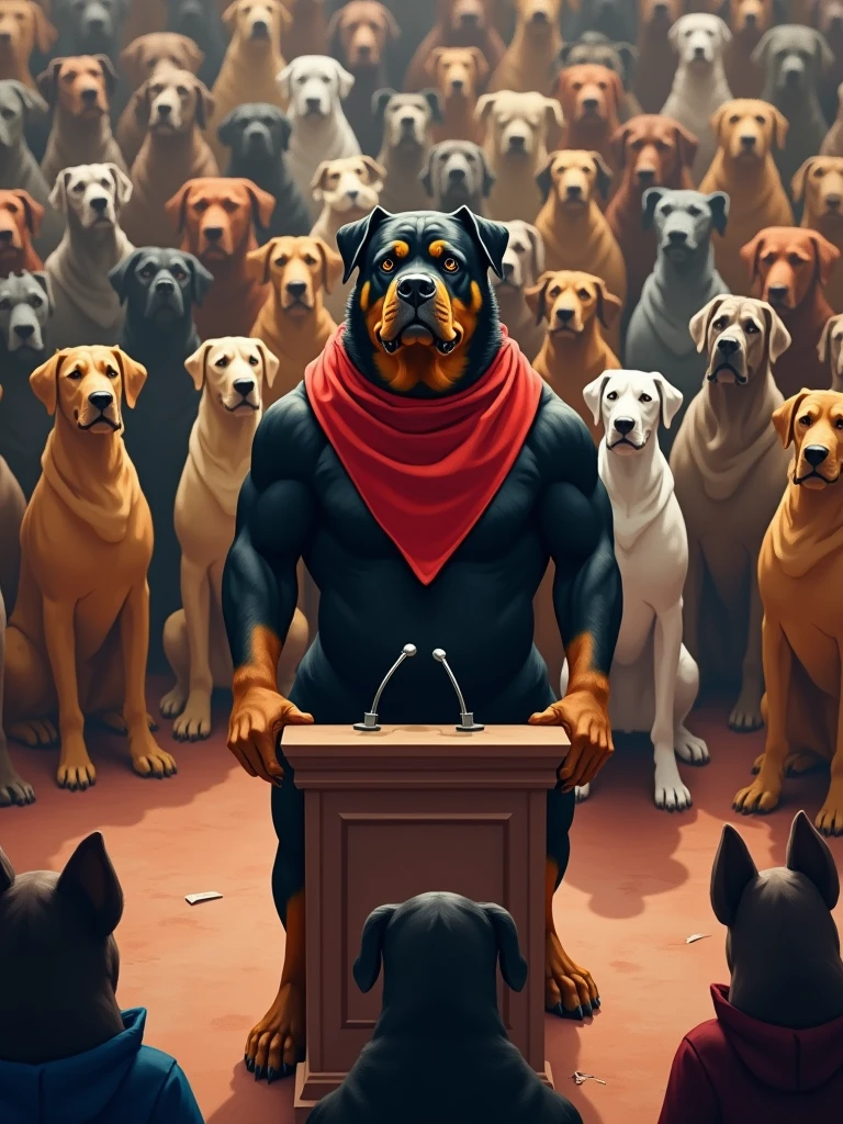 A large canine forum, dogs of various breeds are gathered in a circle. In the center, Genghis Gaf, an imposing dog, is standing next to a small podium. He seems very determined. The dogs are attentive. Genghis Gaf is a large dog, muscular Rottweiler with a shining black and tan coat. His broad head and strong jaw give him an imposing look, complemented by his deep-set brown eyes that exude confidence and intelligence. He has a small scar above his left eye, a testament to his tough upbringing in the streets of Dogtown. Genghis wears a bright red bandana around his neck, symbolizing his role as a leader and his commitment to the community.
Genghis Gaf grew up in the rough neighborhoods of Dogtown, a place where survival often meant standing strong against adversity. From a young age, he learned how to fend for himself and others, often leading small packs in search of food and safety. His determination to create a better environment for the strays led him to organize food drives and sharing programs. Over the years, Genghis earned a reputation as a protector and innovator within the canine community.
When a severe food crisis strikes Dogtown, Genghis steps up to lead a forum to address the issue. With his charisma and problem-solving skills, he proposes initiatives based on cooperation, resource-sharing, and even forming alliances with local human communities to find sustainable food sources.
As Genghis prepares to deliver his speech about the food crisis at the forum, he reflects on the challenges ahead and the strength that lies in unity, determined to lead his pack to a brighter future.