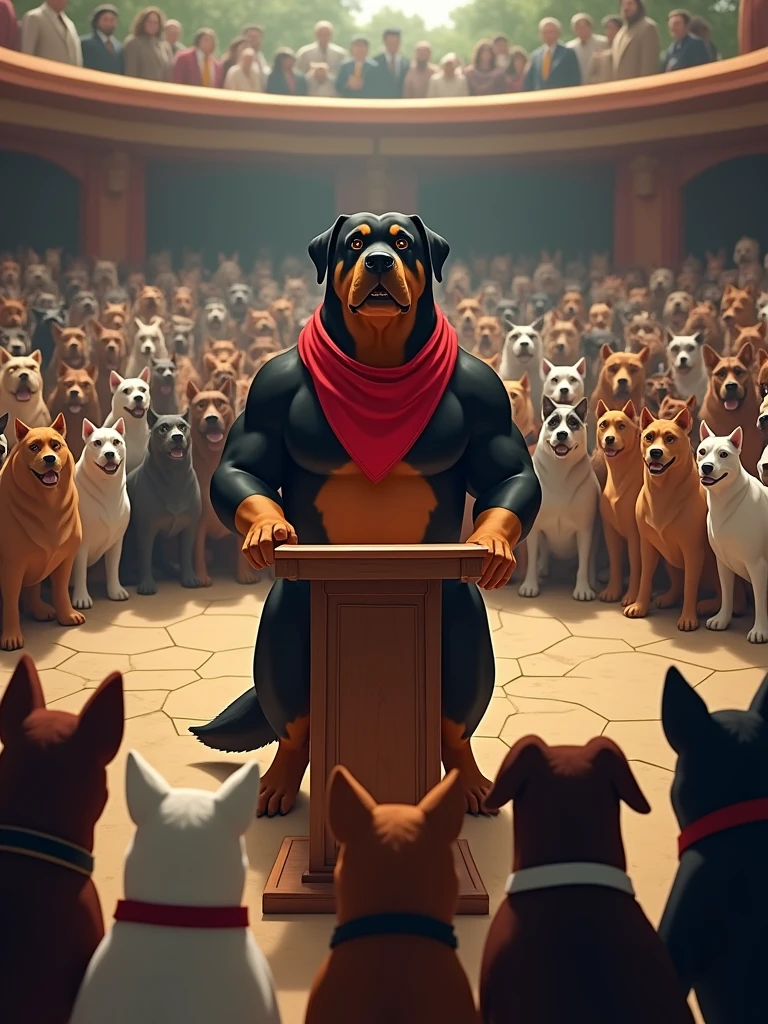 A large canine forum, dogs of various breeds are gathered in a circle. In the center, Genghis Gaf, an imposing dog, is standing next to a small podium. He seems very determined. The dogs are attentive. Genghis Gaf is a large dog, muscular Rottweiler with a shining black and tan coat. His broad head and strong jaw give him an imposing look, complemented by his deep-set brown eyes that exude confidence and intelligence. He has a small scar above his left eye, a testament to his tough upbringing in the streets of Dogtown. Genghis wears a bright red bandana around his neck, symbolizing his role as a leader and his commitment to the community.
Genghis Gaf grew up in the rough neighborhoods of Dogtown, a place where survival often meant standing strong against adversity. From a young age, he learned how to fend for himself and others, often leading small packs in search of food and safety. His determination to create a better environment for the strays led him to organize food drives and sharing programs. Over the years, Genghis earned a reputation as a protector and innovator within the canine community.
When a severe food crisis strikes Dogtown, Genghis steps up to lead a forum to address the issue. With his charisma and problem-solving skills, he proposes initiatives based on cooperation, resource-sharing, and even forming alliances with local human communities to find sustainable food sources.
As Genghis prepares to deliver his speech about the food crisis at the forum, he reflects on the challenges ahead and the strength that lies in unity, determined to lead his pack to a brighter future.