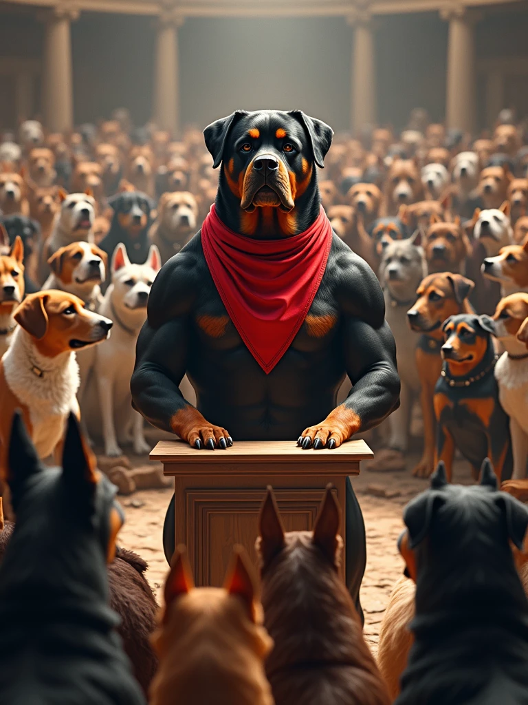 A large canine forum, dogs of various breeds are gathered in a circle. In the center, Genghis Gaf, an imposing dog, is standing next to a small podium. He seems very determined. The dogs are attentive. Genghis Gaf is a large dog, muscular Rottweiler with a shining black and tan coat. His broad head and strong jaw give him an imposing look, complemented by his deep-set brown eyes that exude confidence and intelligence. He has a small scar above his left eye, a testament to his tough upbringing in the streets of Dogtown. Genghis wears a bright red bandana around his neck, symbolizing his role as a leader and his commitment to the community.
Genghis Gaf grew up in the rough neighborhoods of Dogtown, a place where survival often meant standing strong against adversity. From a young age, he learned how to fend for himself and others, often leading small packs in search of food and safety. His determination to create a better environment for the strays led him to organize food drives and sharing programs. Over the years, Genghis earned a reputation as a protector and innovator within the canine community.
When a severe food crisis strikes Dogtown, Genghis steps up to lead a forum to address the issue. With his charisma and problem-solving skills, he proposes initiatives based on cooperation, resource-sharing, and even forming alliances with local human communities to find sustainable food sources.
As Genghis prepares to deliver his speech about the food crisis at the forum, he reflects on the challenges ahead and the strength that lies in unity, determined to lead his pack to a brighter future.