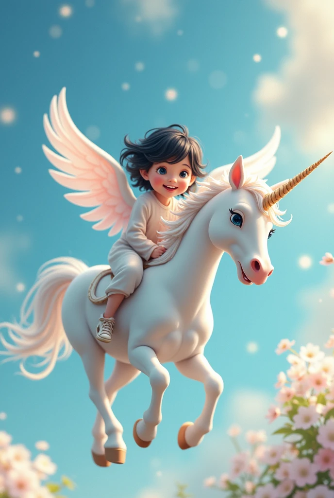 An  female child, white, Bblack hair, blue colored eyes, rosto angelical, smiling,  flying with an enchanted unicorn
