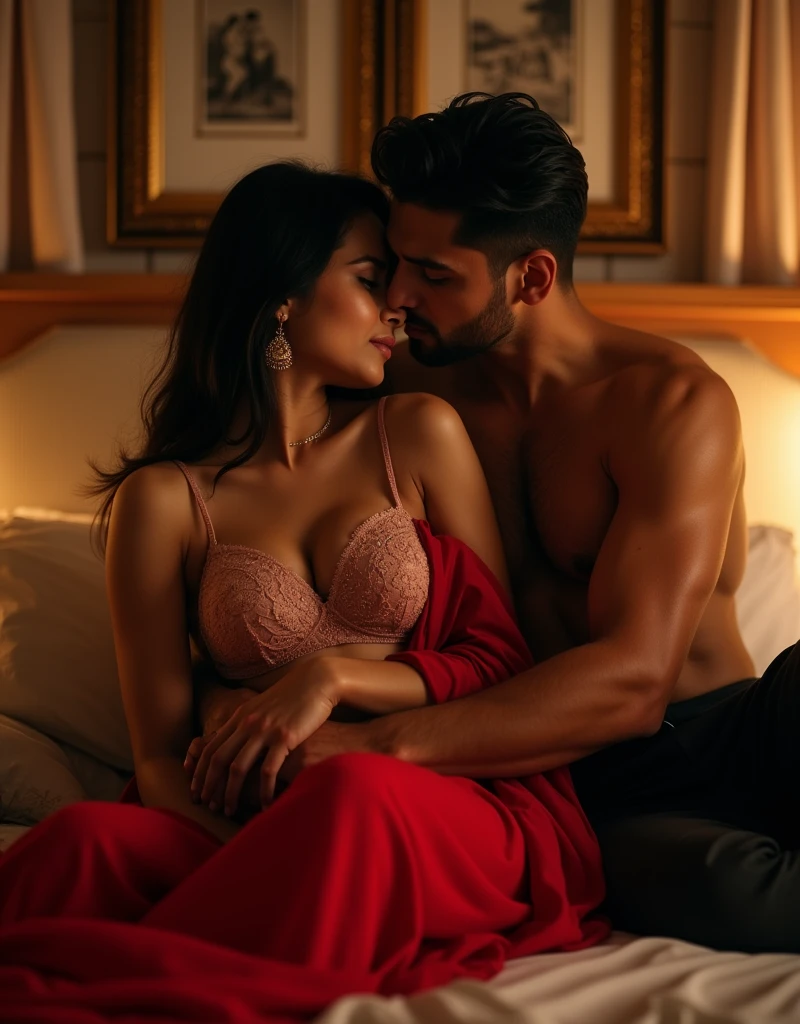 newly wed indian couple, laughing happy couple, having sex, man and woman, sexy wife, hot husband, first night, woman sitting on bed, man sitting behind her, woman removes red sari, wearing her choli is seen, lace bra is visible, husband is touching boobs, they are having steamy sex, well decorated bedroom, dim light, sexy mood, erotic scene, intricate details, picturize everything that is described, man should grab womans boobs