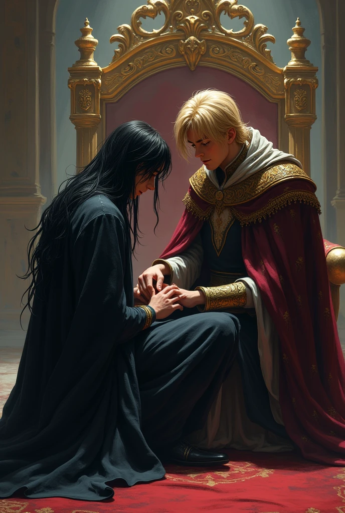 A former evil sorcerer, young man with long black hair, repentant and ashamed, is kneeling before a young king with short golden hair in acceptance and gratitude for the king's mercy and forgiveness.