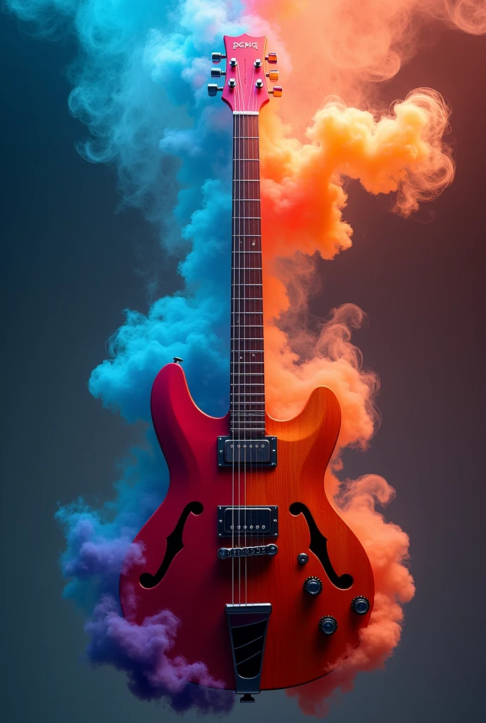 Create an image of a guitar, divided in half, Colorful exhaling smoke.
