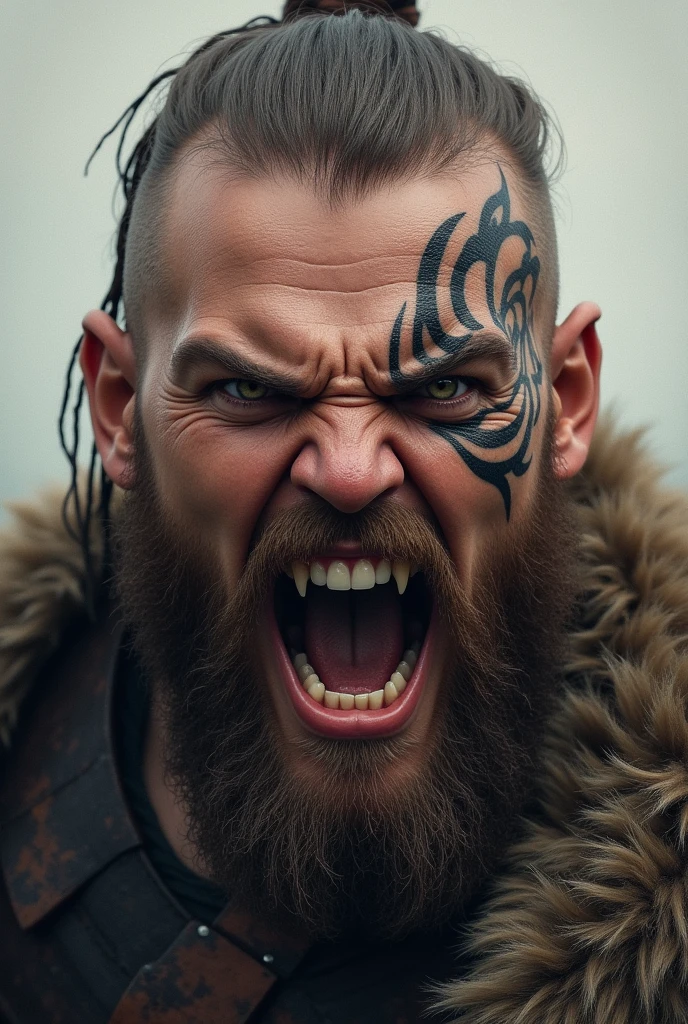 Viking ragnar lotbrook young realistic man screaming with teeth bared with a norse tattoo around his eye and with his eyes open