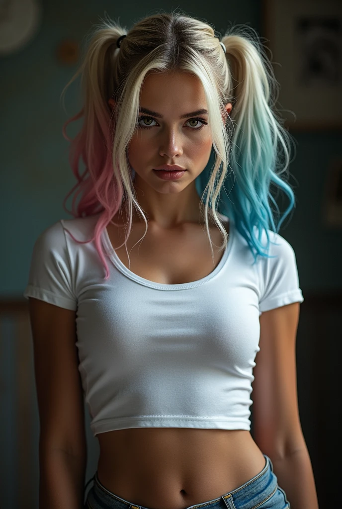 Harley Quinn, looking downwards, 1, wearing a white too short t-shirt, flat chest, seductive facial expression, looking downwards
