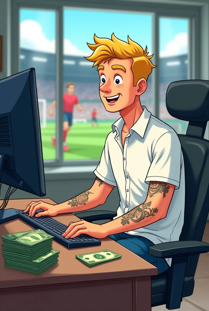 Créer une image pour le paris sportif . Il est censé y avoir un   homme sur la photo, un de race blanche . je&#39 un porte une chemise et short d ete  . Devrait il y avoir  une liasse d argent sur la table   d&#39;argent. Dans la main gauche, il devrait regarder sa bankroll sur  son pc poser sur la table . sur l&#39;image, vous devriez voir un match de foot en arriere plan , , il devrait y avoir +1500 $ rester, et le tout devrait être dessin animé et bien metre une personne de race blanche  , la personne blanche est blond sans barbe et un peu tatouée au bras 