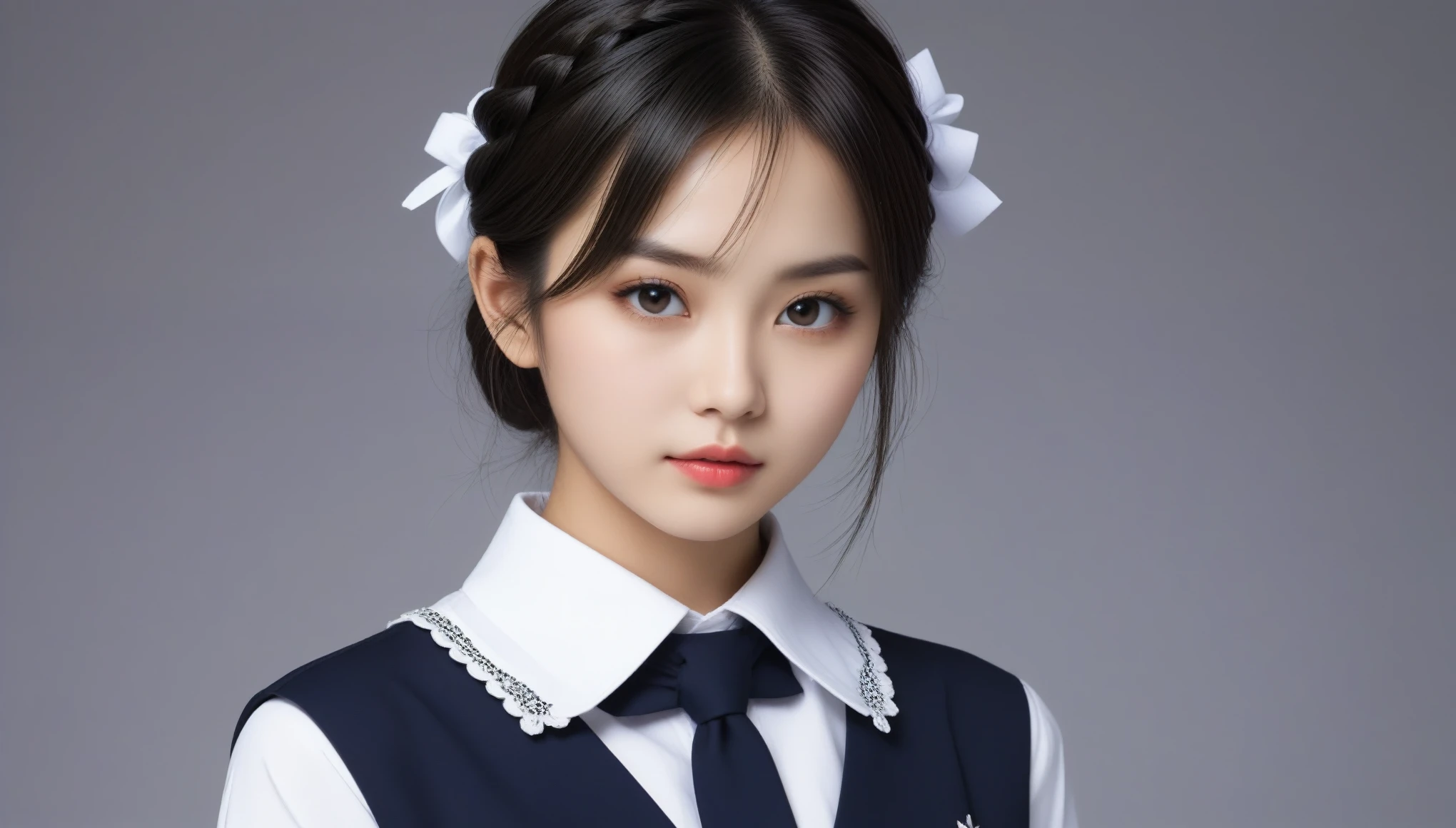 8k, Ultra-high resolution, Highest quality, masterpiece, 三分割法によるphotograph,Surreal, photograph,One Woman, (:1.3), cute, cute顔, 細部までBeautiful Eyes, 細かくdetailedに,masterpiece,One Girl:1.2,Japanese women,kindergarten,close up,glaring,Black hair,braid,(twin braids:1.0),ID photo,(kindergarten uniforms:1.3),Eccentric,Future City,white collar,((Fusion of fashion and gothic)),(Beautiful attention to detail),Subtle details, detailedな顔,anger,Attractive eyes,(ポートレートphotograph:1.4),(Photorealistic images:1.4),Fantasy art,(Beautiful Face:1.4),美しくAttractive eyes、Beautiful Eyes,Silver residue,(Tight waist:1.4)、(Beautiful with perfect body proportions:1.4),Pink Lips,profile,(((Ideal body type))),A-cup small breasts :2,、Portraiture:2、Perfect Anatomy、鮮明なdetailed、detailed,Fashion magazine cover,Thin lips,完璧でBeautiful Face ,完璧でcute顔, Skin with attention to detail, Perfect limbs、Narrow waist,Surreal,Light and shadow,spotlight