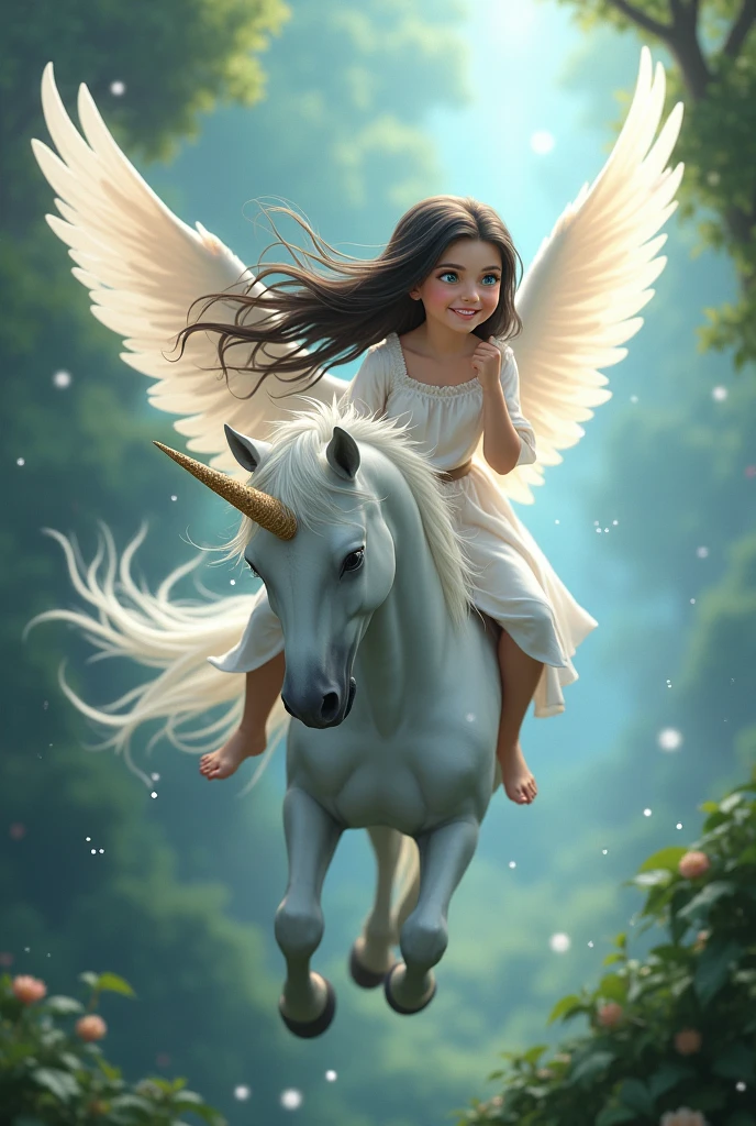 An  female child, white, Bblack hair, long  hair, blue colored eyes, rosto angelical, smiling,  flying with an enchanted unicorn
