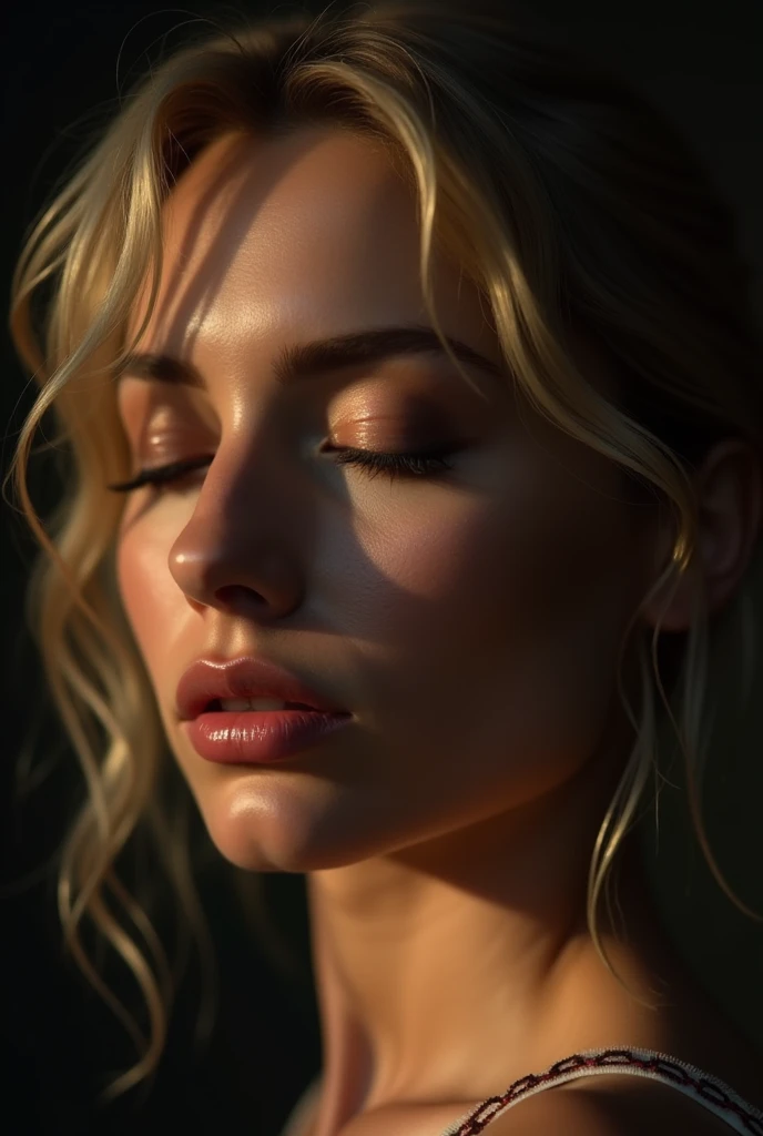 blonde Russian masutepiece,award - winning photo, Extremely detailed, edgOrgasm, Woman with mouth open and eyes closed , Skin shiny with sweat、Face Focus、frombelow、Illumination that emphasizes shiny sweat{{{Spread }}}, A dark-haired、NSFW、, highly detailed erotic female form, dramatic lighting, close-up, photorealistic, 8k, cinematic composition, vivid colors, chiaroscuro, moody atmosphere, mature content, explicit, adults only russian blonde my facial structure is flawless. My forehead is smooth and wide, leading into my high and defined cheekbones. My jawline is strong and angular, creating a V-shaped effect when viewed from below. My chin is pointed and sharp, adding to my overall assertiveness. My cheeks are round and plump, giving my face a healthy glow. My eyes are almond-shaped and large, further accentuating my high cheekbones. They are framed by long, thick lashes and perfectly arched brows. My nose is and dainty, fitting seamlessly onto my face. Lastly, my lips are full and voluptuous, painted with a natural rosy hue. noen bikini