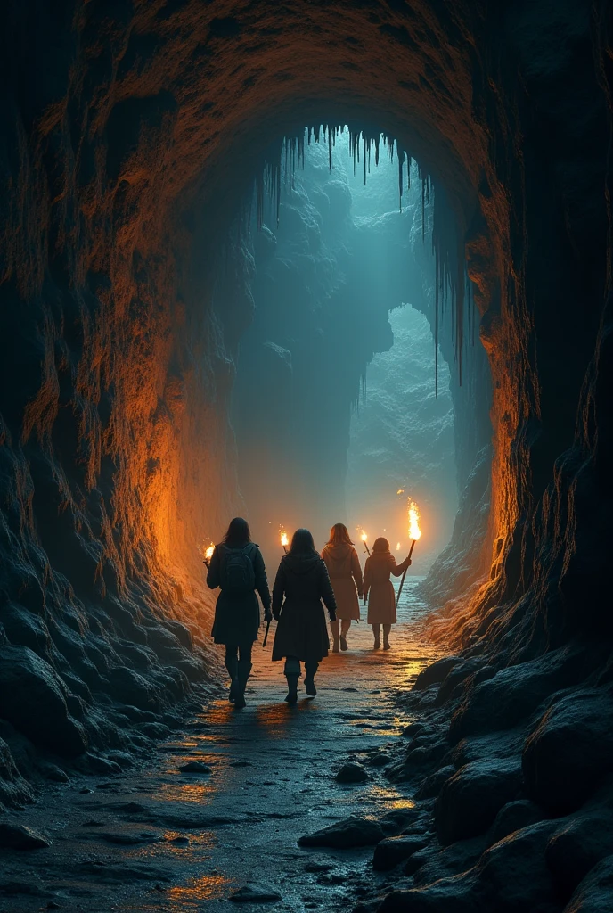 A narrow, winding tunnel illuminated by torches, leading deeper into the earth. The explorers descend cautiously, their hearts pounding with anticipation.