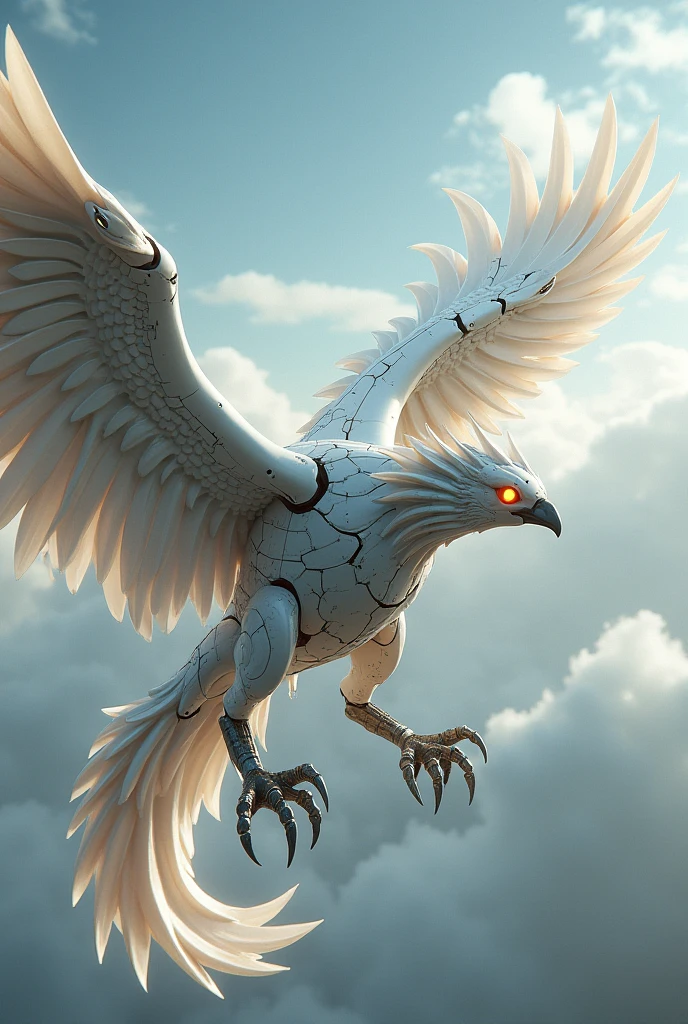a mecha phoenix made from white metal, soaring on the sky in high speed, cinematic lighting, spreading the wings, glowing orange eyes, iron claw