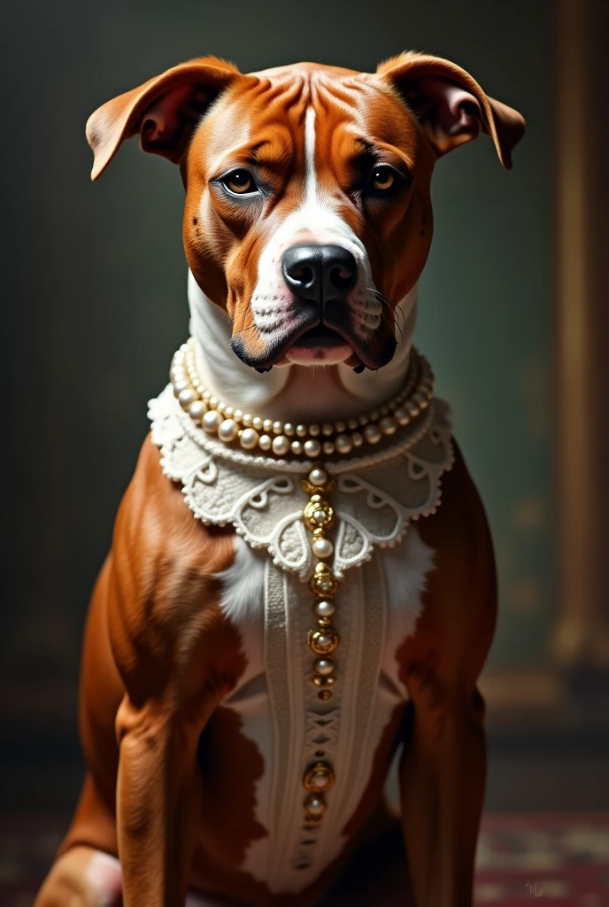 american staffordshire terrier red ubrany w koronkowy gorset , perly na szyi
