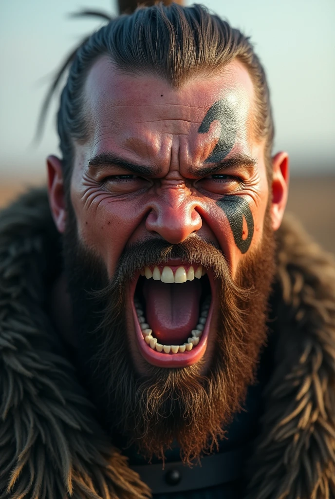 Realistic young Viking Ragnar screaming with his teeth bared with a Norse tattoo around his eye and with his eyes open