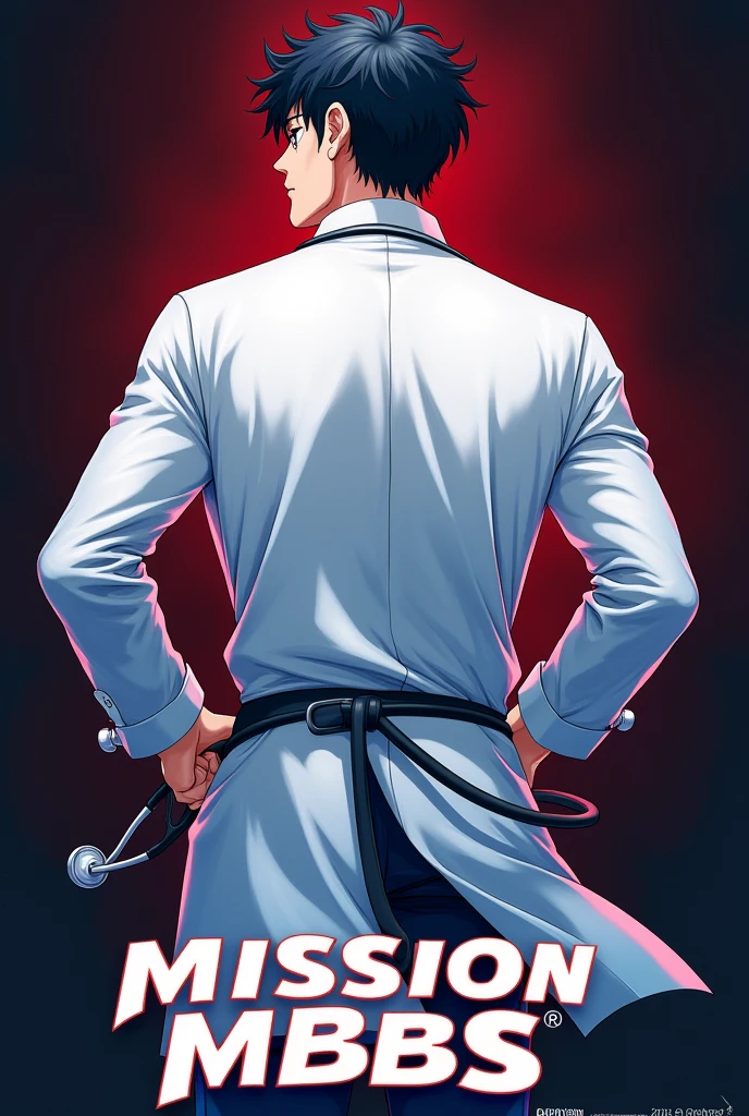 wallpaper
Doctor anime model(male) backside holding a stethoscope in one hand other hand in the pocket wearing full sleeve white doctor apron. Must write "Mission MBBS " at bottom. Motivations for exam to be a doctor.no light background use deep colour