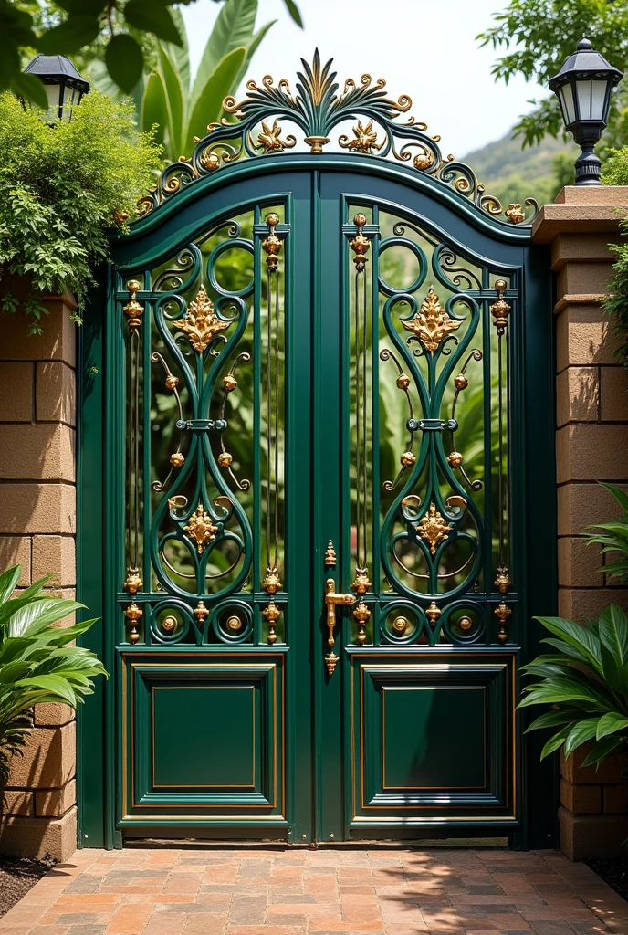 Wrought iron gates, rustic, Two-tone green and gold, with name at the top that says FINCA NOTRI, with simple and elegant lettering, that refers to the Peruvian jungle