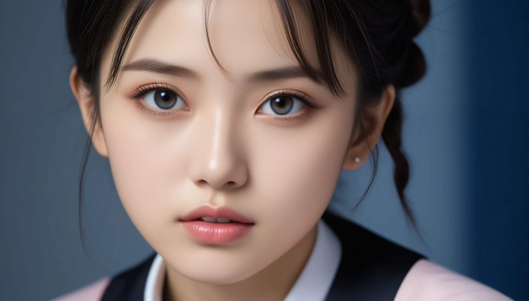 8k, Ultra-high resolution, Highest quality, masterpiece, 三分割法によるphotograph,Surreal, photograph,One Woman, (:1.3), cute, cute顔, 細部までBeautiful Eyes, 細かくdetailedに,masterpiece,One Girl:1.2,Japanese women,kindergarten,close up,glaring,Black hair,braid,(twin braids:1.0),ID photo,(kindergarten uniforms:1.3),Eccentric,Future City,white collar,((Fusion of fashion and gothic)),(Beautiful attention to detail),Subtle details, detailedな顔,anger,Attractive eyes,(ポートレートphotograph:1.4),(Photorealistic images:1.4),Fantasy art,(Beautiful Face:1.4),美しくAttractive eyes、Beautiful Eyes,Silver residue,(Tight waist:1.4)、(Beautiful with perfect body proportions:1.4),Pink Lips,profile,(((Ideal body type))),A-cup small breasts :2,、Portraiture:2、Perfect ???????、鮮明なdetailed、detailed,Fashion magazine cover,Thin lips,完璧でBeautiful Face ,完璧でcute顔, Skin with attention to detail, Perfect limbs、Narrow waist,Surreal,Light and shadow,spotlight