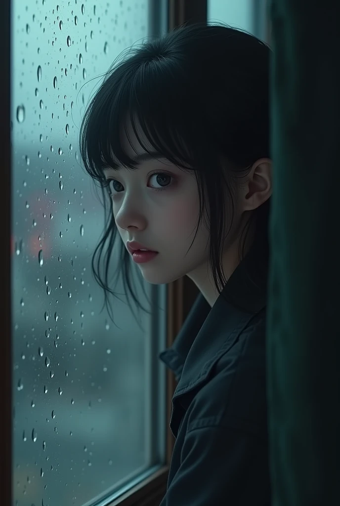 Prompt 3: A slow-motion scene of girl (age 21 year)looking out of a window, raindrops trickling down the glass, reflecting the outside world but the girl (age 21 year) focus is distant, signifying deep thoughts about someone they miss.