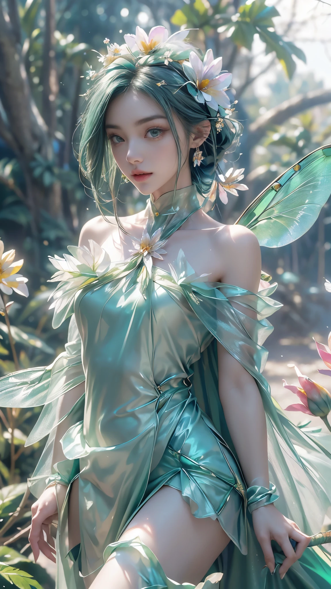 8k, masterpiece, 1 girl, beautiful face, very long hair, light makeup, (glossy skin), detailed eyes, detailed lips, small bust, short clothing, dragonfly, ((green dragonfly clothing)), ((flowing cape)), light clothing, ((bare shoulder)), (flower falling:1.5), god rays, depth of field, ray tracing,