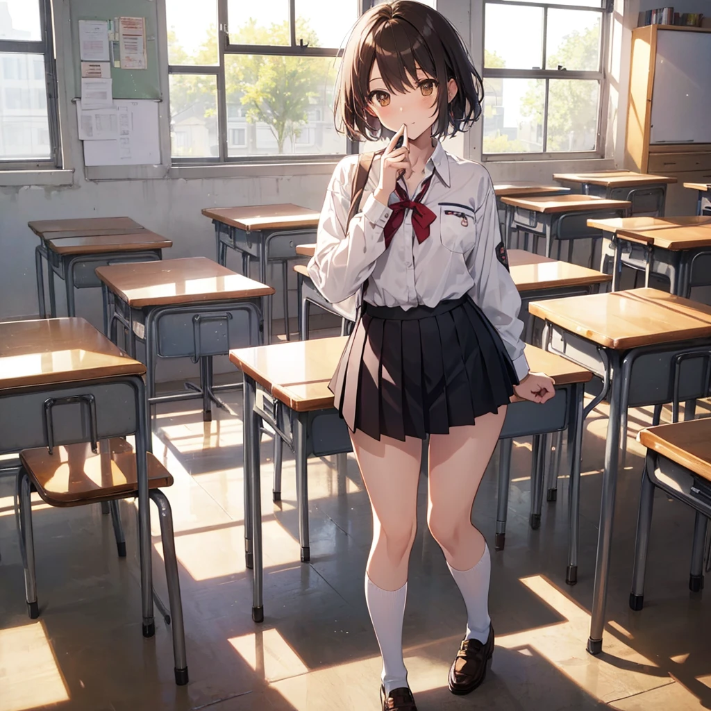 make, Highest quality, superior_Mikoto, Brown eyes, short_hair, big_chest, Looking at the audience, solo, Closed_mouth, first round_shirt, School_uniform, shirt, Whitened_shirt, , classroom Full Body mini skirt Cool look Panty shot