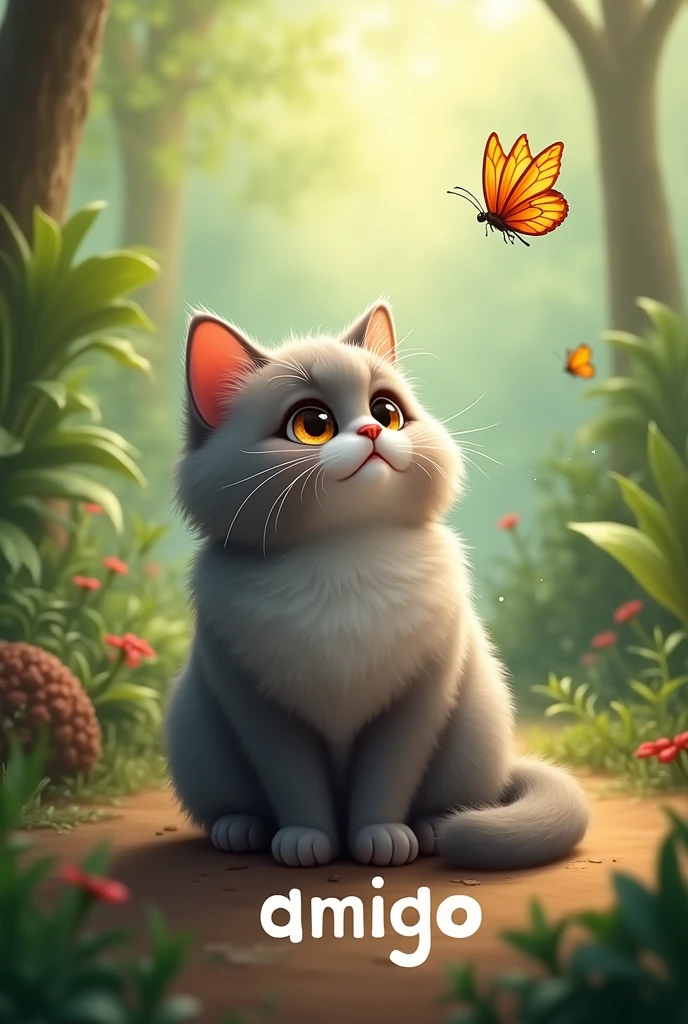 A friendly natural environment. In the middle sits a beautiful fat grey Persian cat with long fur and amber eyes. He looks up at a butterfly. Below him is the word Amigo in large letters 
