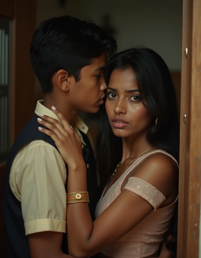 closeup, realistic, uhd image, rich indian brother and indian sister come back from convent school and have secret affair, cleavage seen, brother squeezing sister's boobs, boob squeeze, brother hugging from behind, sister facing camera, secret relationship, brother wearing school uniform, sister wearing school uniform, school uniform, inside indian home