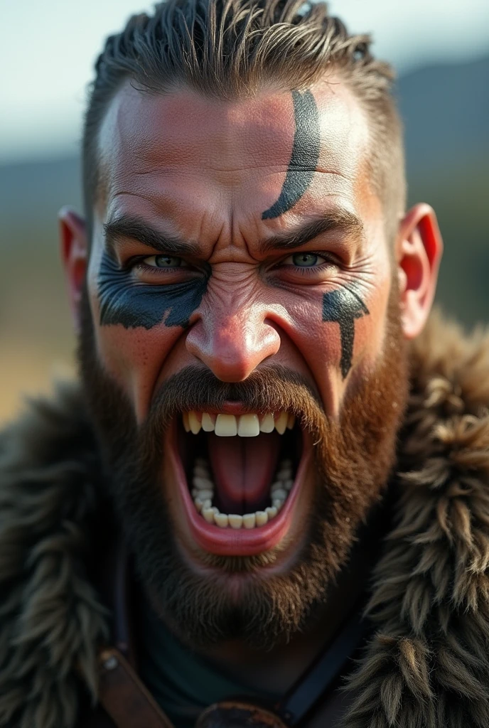 Realistic young Viking Ragnar screaming with his teeth bared with a Norse tattoo around his eye and with his eyes open