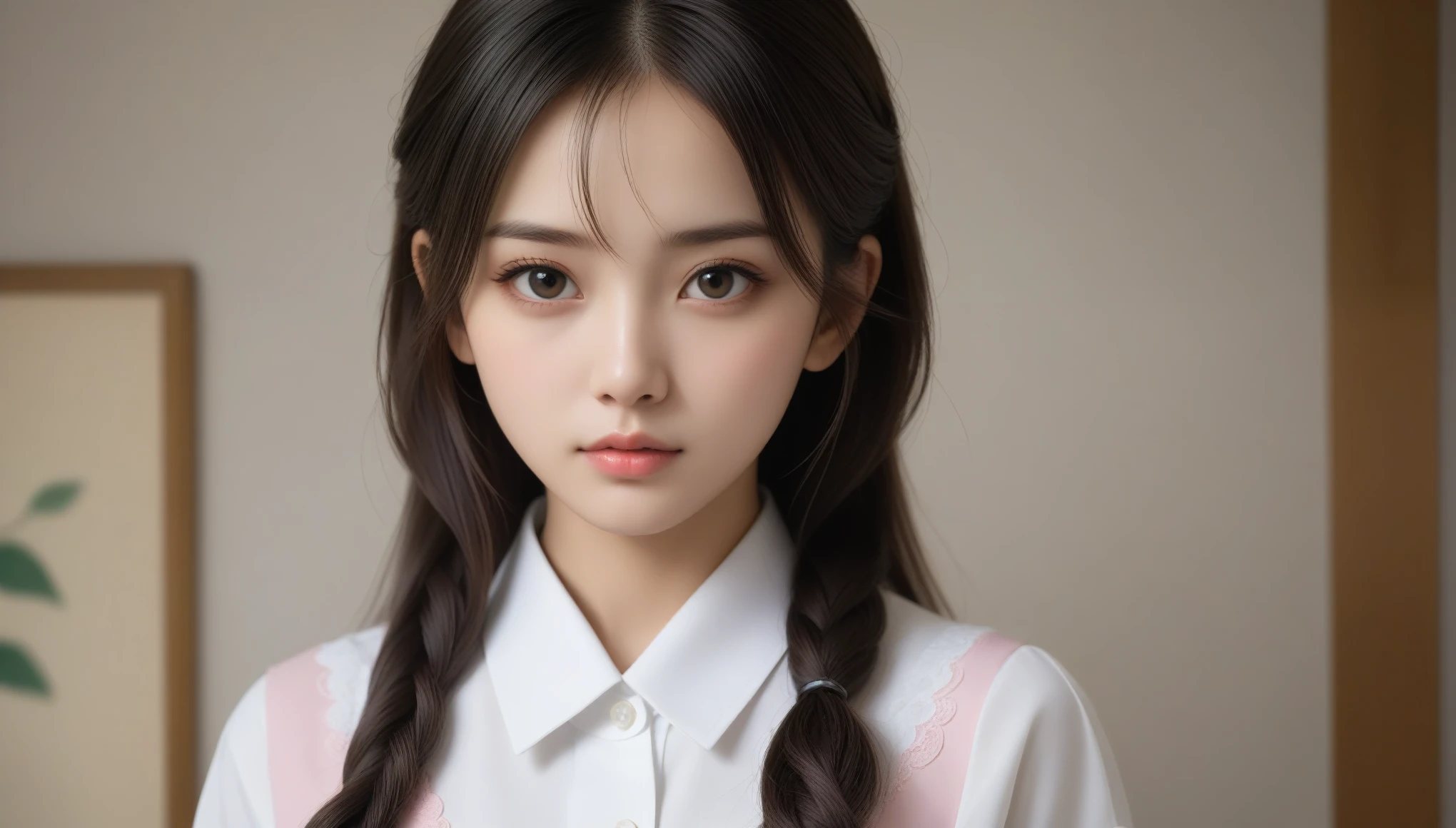 8k, Ultra-high resolution, Highest quality, masterpiece, 三分割法によるphotograph,Surreal, photograph,One Woman, (:1.3), cute, cute顔, 細部までBeautiful Eyes, 細かくdetailedに,masterpiece,One Girl:1.2,Japanese women,kindergarten,close up,glaring,Black hair,braid,(twin braids:1.0),ID photo,(kindergarten uniforms:1.3),Eccentric,Future City,white collar,((Fusion of fashion and gothic)),(Beautiful attention to detail),Subtle details, detailedな顔,anger,Attractive eyes,(ポートレートphotograph:1.4),(Photorealistic images:1.4),Fantasy art,(Beautiful Face:1.4),美しくAttractive eyes、Beautiful Eyes,Silver residue,(Tight waist:1.4)、(Beautiful with perfect body proportions:1.4),Pink Lips,profile,(((Ideal body type))),A-cup small breasts :2,、Portraiture:2、Perfect Anatomy、鮮明なdetailed、detailed,Fashion magazine cover,Thin lips,完璧でBeautiful Face ,完璧でcute顔, Skin with attention to detail, Perfect limbs、Narrow waist,Surreal,Light and shadow,spotlight