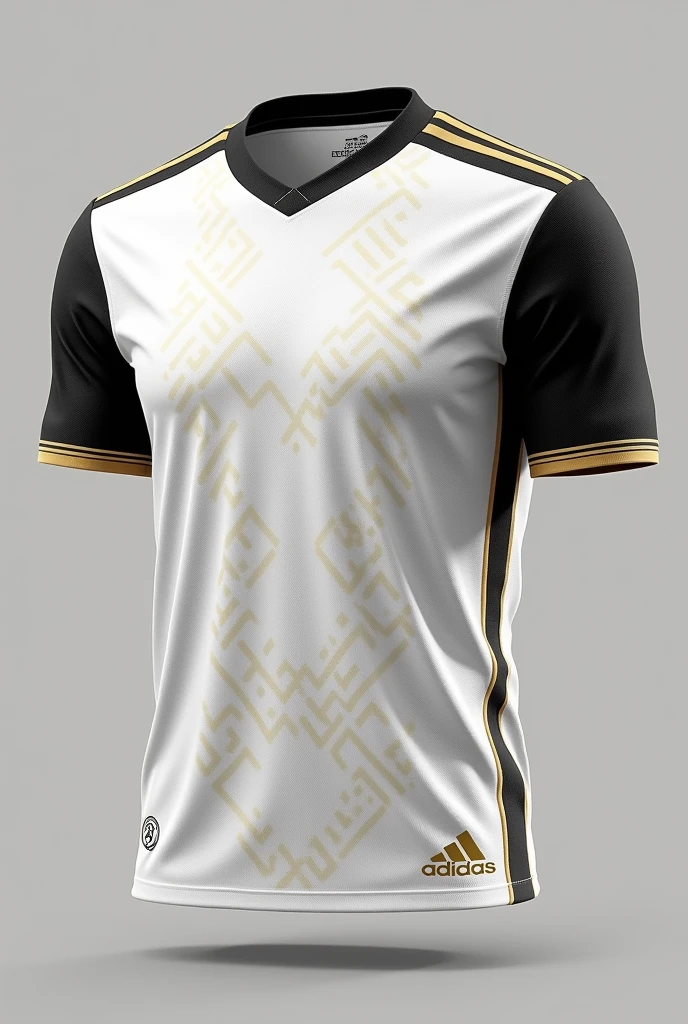 a soccer team uniform with the colors white, black and gold:
chemise:
Base: White with a subtle diagonal or geometric stripe pattern in a lighter shade of white for texture.
detaileds: Black collar and sleeve cuffs with gold detail.