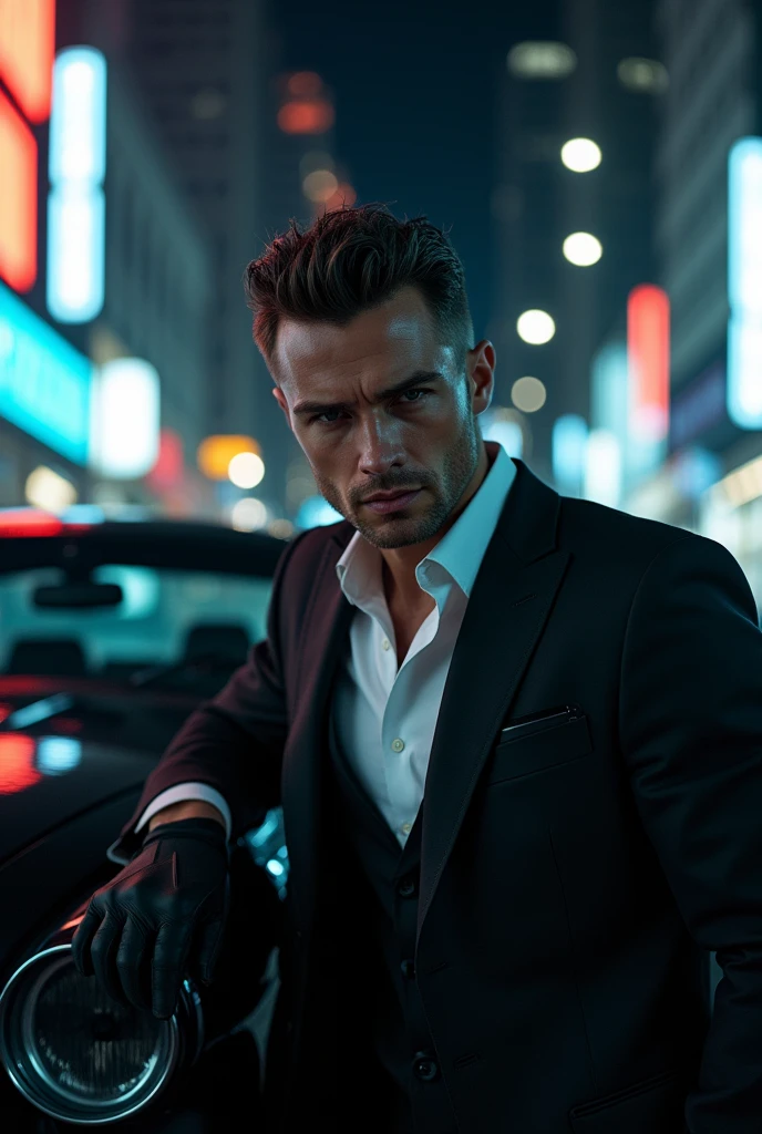 photography realistic, rusian a young man, hitman, mafia, bmw, ultra hd
