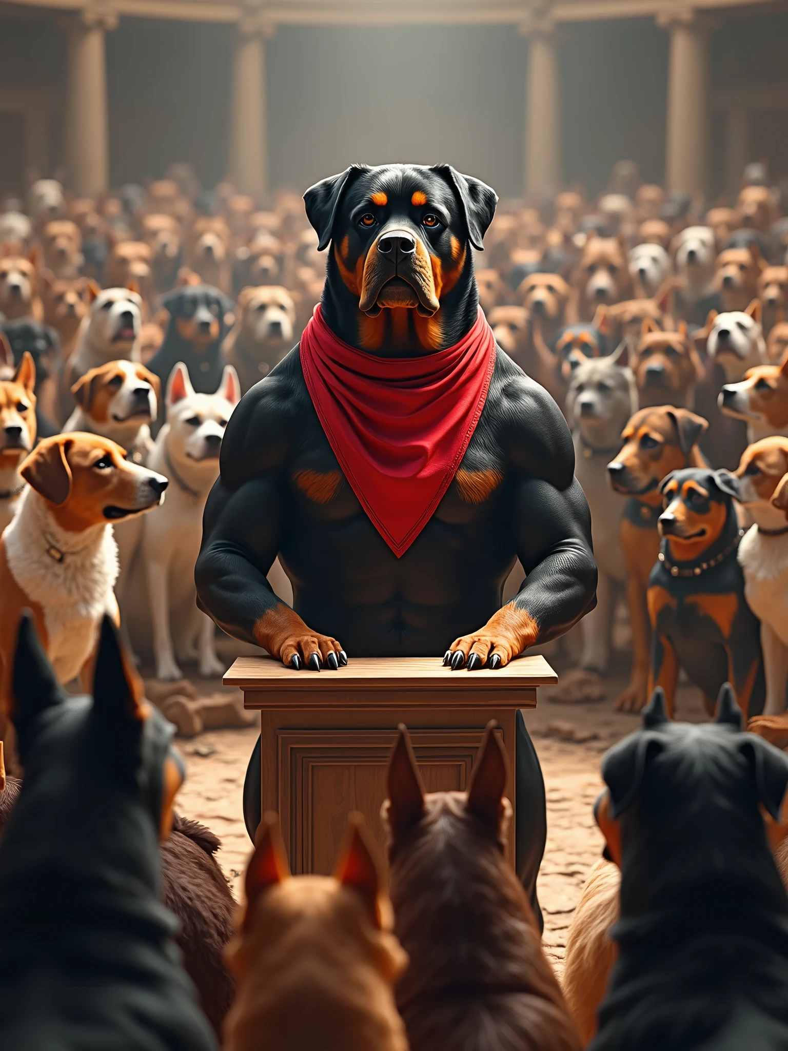 A large canine forum, dogs of various breeds are gathered in a circle. In the center, Genghis Gaf, an imposing dog, is standing next to a small podium. He seems very determined. The dogs are attentive. Genghis Gaf is a large dog, muscular Rottweiler with a shining black and tan coat. His broad head and strong jaw give him an imposing look, complemented by his deep-set brown eyes that exude confidence and intelligence. He has a small scar above his left eye, a testament to his tough upbringing in the streets of Dogtown. Genghis wears a bright red bandana around his neck, symbolizing his role as a leader and his commitment to the community.
Genghis Gaf grew up in the rough neighborhoods of Dogtown, a place where survival often meant standing strong against adversity. From a young age, he learned how to fend for himself and others, often leading small packs in search of food and safety. His determination to create a better environment for the strays led him to organize food drives and sharing programs. Over the years, Genghis earned a reputation as a protector and innovator within the canine community.
When a severe food crisis strikes Dogtown, Genghis steps up to lead a forum to address the issue. With his charisma and problem-solving skills, he proposes initiatives based on cooperation, resource-sharing, and even forming alliances with local human communities to find sustainable food sources.
As Genghis prepares to deliver his speech about the food crisis at the forum, he reflects on the challenges ahead and the strength that lies in unity, determined to lead his pack to a brighter future.