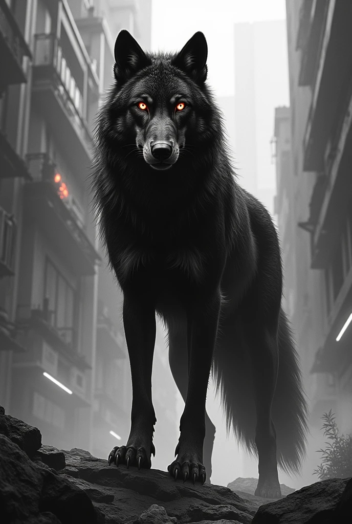 Create a black and white cyberpunk style wolf with png background