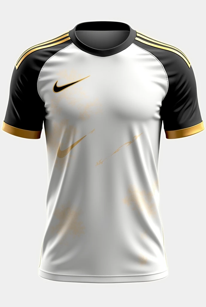 a soccer team uniform with the colors white, black and gold:
chemise:
Base: White with a subtle diagonal or geometric stripe pattern in a lighter shade of white for texture.
detaileds: Black collar and sleeve cuffs with gold detail.