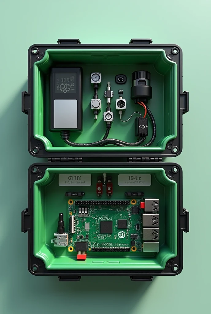 generates an image of a green and black color preference box. Containing two transparent sections. One where pH sensors are displayed, of turbidity, depression, cables y jumpers .And another one where a raspberry pi is shown . The box must be able to protect the materials from being under water. 