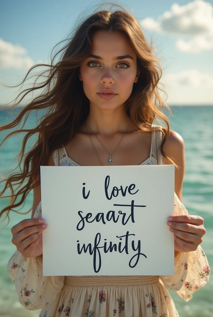 Beautiful girl with wavy long hair, bohemian dress, holding a white board with text "I Love Seaart Infinity" and showing it to the viewer
