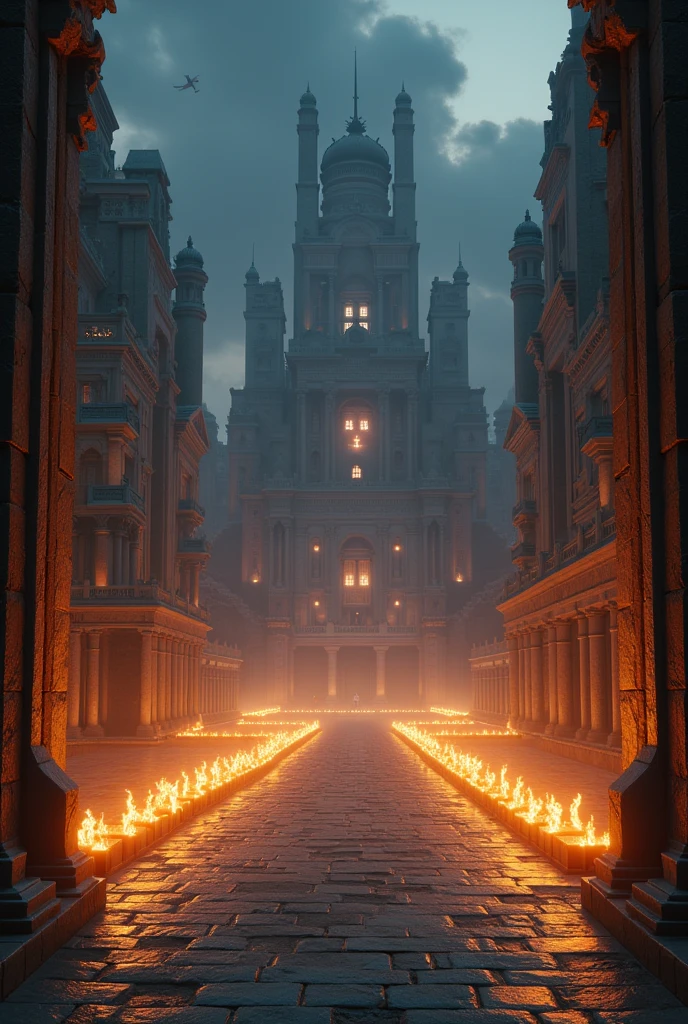 A breathtaking, ancient city emerges from the darkness. Towering structures, intricate carvings, and a vast central plaza are bathed in the light of torches.