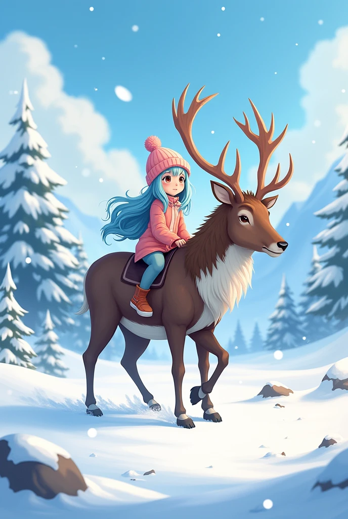 (masterpiece, best quality:1.3), 8K, illustration, super detailed, highly detailed, (1girl, solo), light blue hair, long hair, winter hat, (riding animal, deer, brown deer), ((snow fall)), winter season, scenery snow mountain background, vivid color, soft shadow, absurdres
