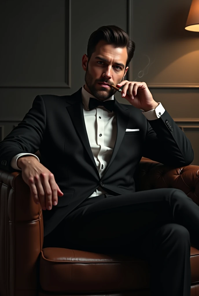 photorealism - man in black tuxedo, smoking cigar, sitting on a leather sofa, looking cool