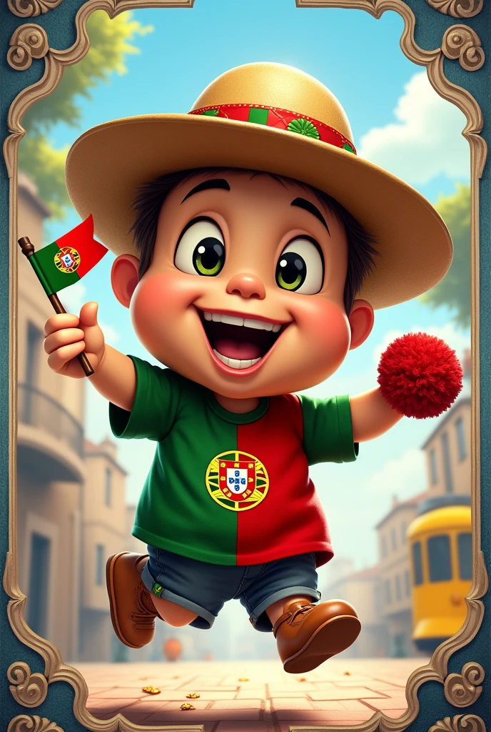 The mascot, called "Fado", is a happy and charismatic character, representing Portugal at the Olympics. He is a small anthropomorphic being with an appearance that mixes traditional Portuguese elements and a modern style..
Appearance:
muka: Fado has an expressive face with big bright eyes and a wide smile. His eyes are large and rounded, with a glow that reflects enthusiasm.
hat: He wears a traditional Portuguese hat, a straw hat with a green and red band, symbolizing the colors of the national flag.
Clothing: Fado is dressed in a vibrant green and red shirt, that imitates the pattern of the Portuguese flag. The shirt is decorated with small golden details that represent the Portuguese coat of arms..
Accessories: He holds a small Portuguese flag in one hand and a green and red pompom in the other.. The pompom is big and fluttering, adding a touch of fun to the image.
Position and Action:
stance: Fado is in a dynamic pose, with one leg raised and the body leaning forward, as if jumping with excitement. Your hands are up, one holding the flag and the other waving the pompom.
expression: His face is a mixture of pride and enthusiasm, with shining eyes and a wide smile.
fund:
The background is a vibrant and festive scene, with iconic elements of Portugal. Ao fundo, there is a stylized representation of the city of Lisbon with its hills and a typical yellow tram.
Additional decorative elements include blue and white Portuguese tiles., that frame the scene and add a cultural touch.
General Atmosphere:
The image conveys a sense of celebration and excitement, capturing the passionate spirit of Portuguese people cheering for their country at the Olympics.