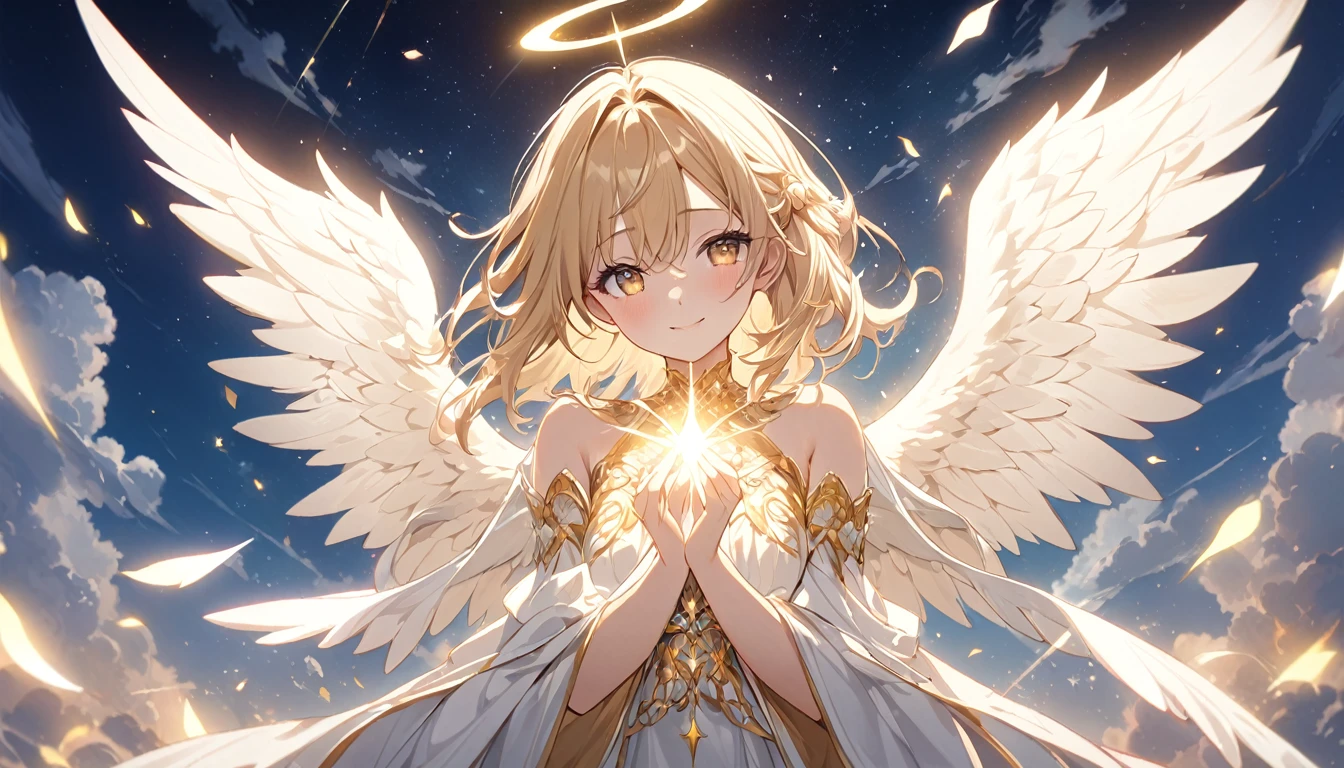 **368. One person。Personification of angel wings。A symbol of light and purity。Cowboy shot or close-up。  
masterpiece, best quality, ultra detailed (Detailed fingers), (Emotional), (Breathtakingly beautiful),  
(main part: 1.2 Whole body。), (Anime Style), (Very detailed), (Angel wings personification),  
(超High resolution, High resolution), (8k), (High resolution: 1.2), (Complex and beautiful: 1.2)**
- background: In the clouds and light of heaven、A space filled with pure light。
- character: Young woman, around 1、Wearing large angel wings and a glowing dress。
-pose: Spread your wings and fly in the sky、Scattering light。
-expression: A gentle and loving smile、Standing gracefully in the light。
- Effects: Light emanates from the wings、A sparkling effect spreads all around。
-color: White and Gold、Expressing the holiness and purity of angels。
