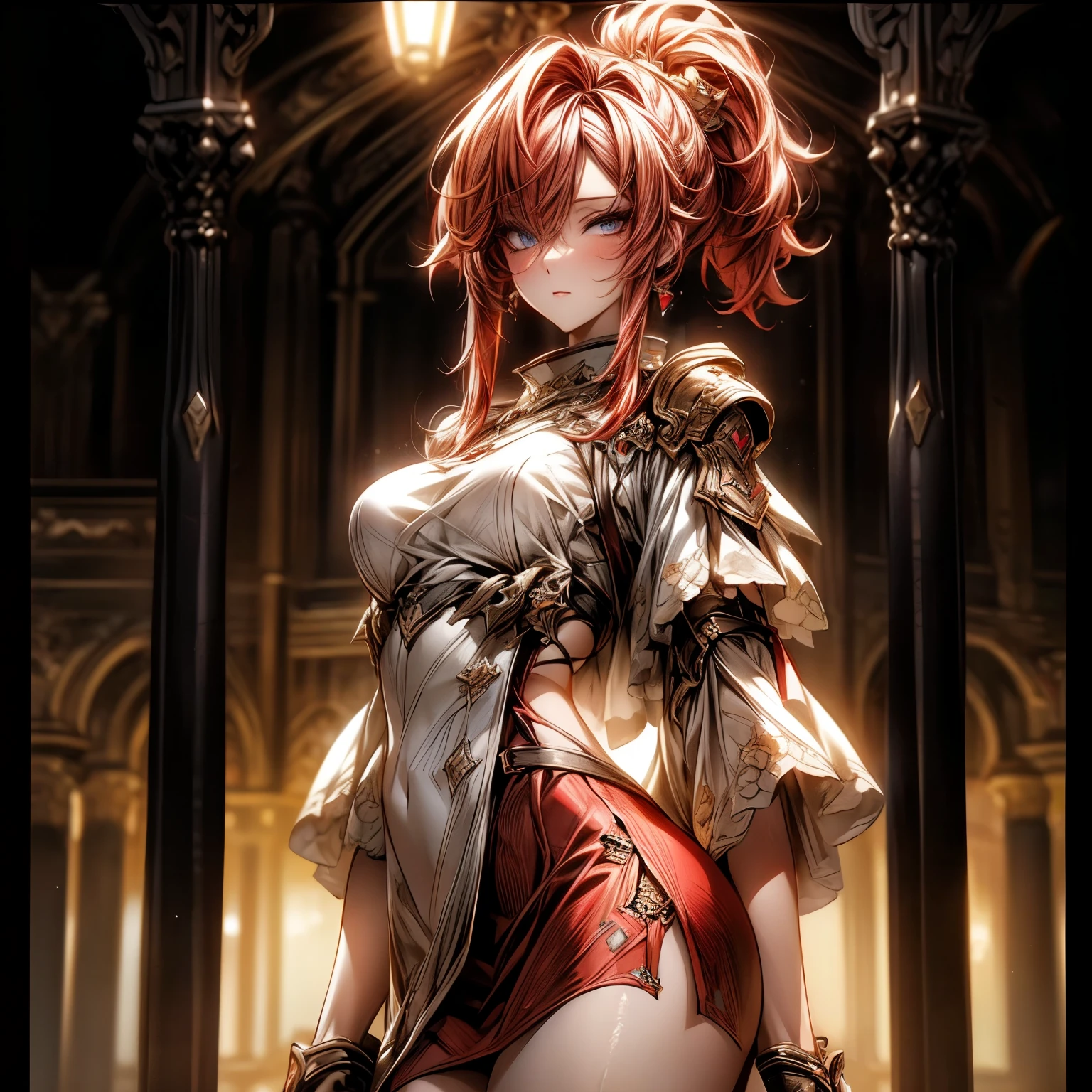 (best quality)), ((Masterpiece)), (details:1.4), 3d, HDR (high dynamic range), an image of a beautiful cyberpunk female, Cyberpunk, Red hair, High ponytail, Hips up, Beautiful white eyes, จมูกโด่ง, ปากแดง, หน้าอกใหญ่, nvidia RTX, PBR surface, After processing, Anisotropic filtration,depth of field, Maximum clarity and clarity, multi-layered surface, Subsurface scattering, perfect proportions, 8K raw files, ultra detailed, Perfect proportions, volumetric lighting, soft lighting, Holy Paldin, Heavy Golden Armor, glossy skin, Castle background, jewely, ต่างหู, นิ้วมือสมบูรณ์, mini red skirt,