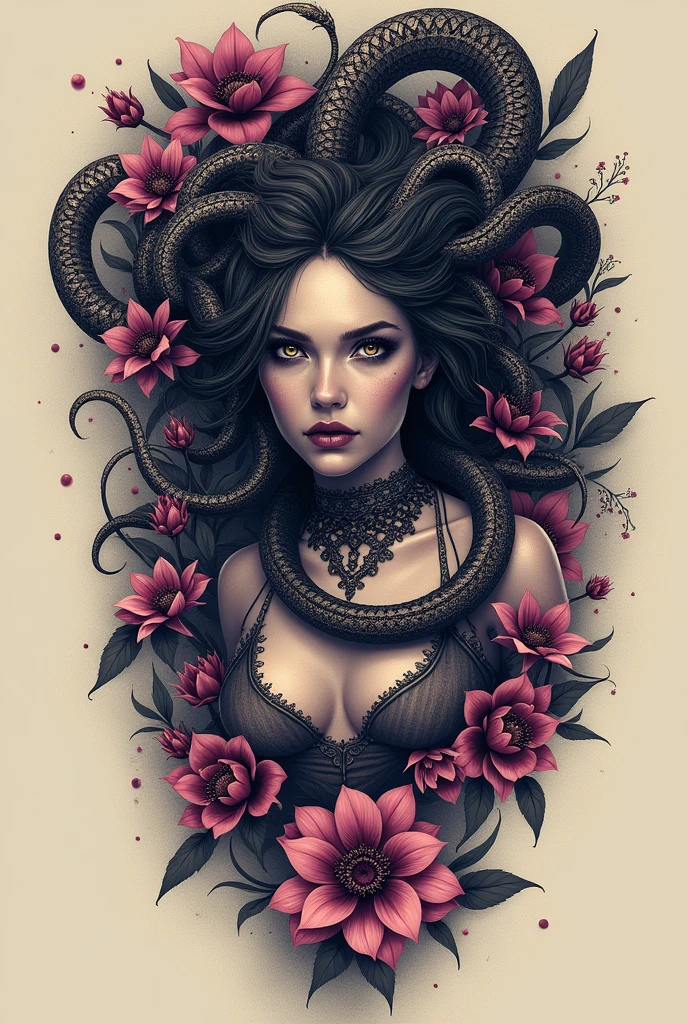 A tattoo design of a Dark Medusa surrounded by flowers 