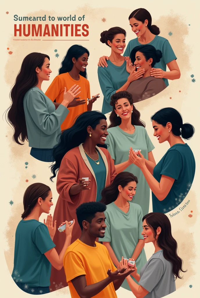 Make a magazine cover that reflects the world of humanities, with images of people helping or photography, with neutral tones, Say the name of the author, It is Valentina Baez Barboza,