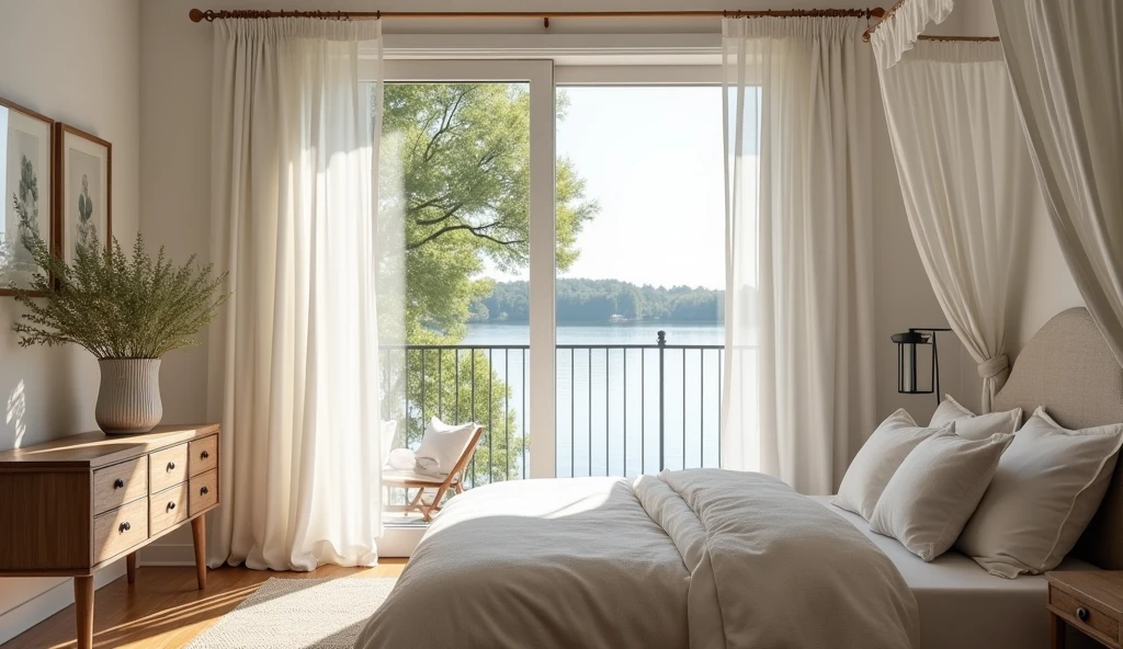 contemporary cottage bedroom design ideas, balcony, lake view, white curtains, Linen Canopy Bed Curtains, white walls
