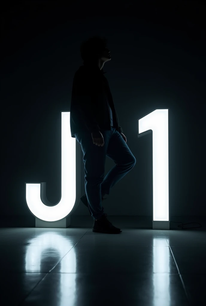 Profile picture of a silhouette leaning on a J and 1 with the J and the 1 being light up in white lights