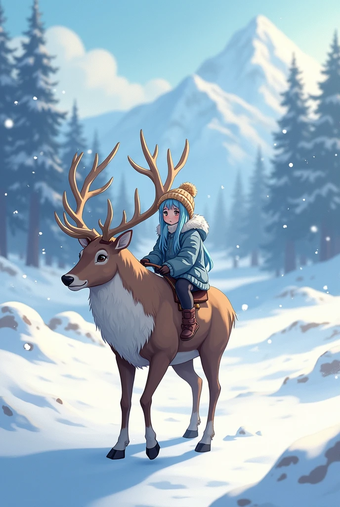 (masterpiece, best quality:1.3), 8K, illustration, super detailed, highly detailed, (1girl, solo), light blue hair, long hair, winter hat, (riding animal, deer, brown deer), ((snow fall)), winter season, scenery snow mountain background, vivid color, soft shadow, absurdres