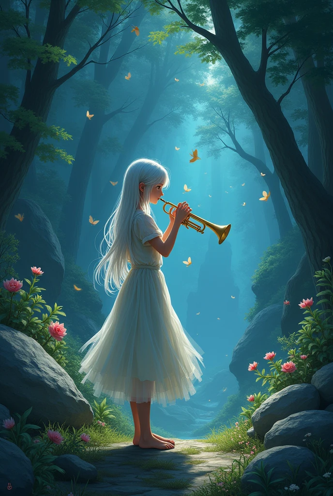 venue, 1 girl, White_hair, Long-term_hair, Red_Eye, Very_Long-term_hair, trumpet, forest, rock, alone, alone_focus, night, Butterfly, Flowers, foliage, Very詳細, Detailed Background