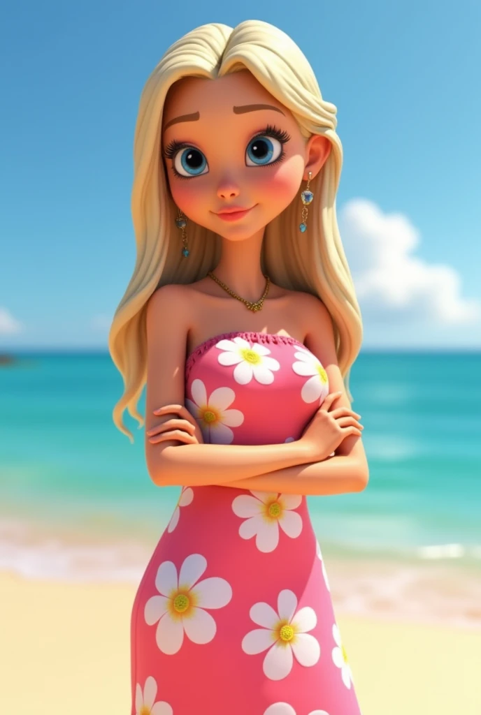 , , light blonde hair, white beauty, wearing Lilo's outfit from the movie Lilo and Stitch, on the beach cartoon, animation character, stylized character, animation style rendering, 3d stylized, Arnold Maya render, 3D stylized render, toon render keyshot, 3d character, 3d character, 3d rendering stylized, 3 d character render, cartoon character, Personagem de close up, character posing, (Pixar-style) (master part:1.2) (bokeh) (best qualityer) (skin detailed) (detailed texture) (8k) (Argilla) (cinematic lighting) (sharp focus
