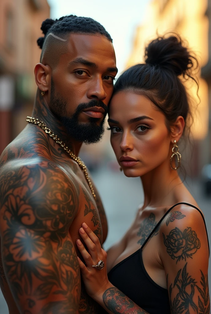 The middle-aged Caucasian rapper, with a chiseled physique covered in intricate tattoos, stands looking confidently into the camera next to a stunning young woman with vibrant ink drawings. The hyper-realistic portrait captures every pore, wrinkle and shine. City background, golden hour lighting. Intense gazes convey an unspoken connection. An obvious influence of hip-hop culture.