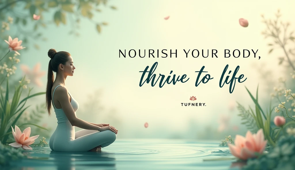 A serene background with soft, natural elements like flowing greenery, flowers, or gentle waves. Incorporate imagery of a woman practicing yoga or meditation in nature. “Nourish Your Body, Thrive in Life” in elegant, cursive font, with the brand name subtly placed. Earthy tones like sage green, soft blues, and muted pinks to create a calming effect.